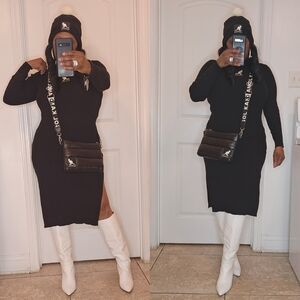 Kangol Black Ribbed Long Sleeve Bodycon Midi Dress